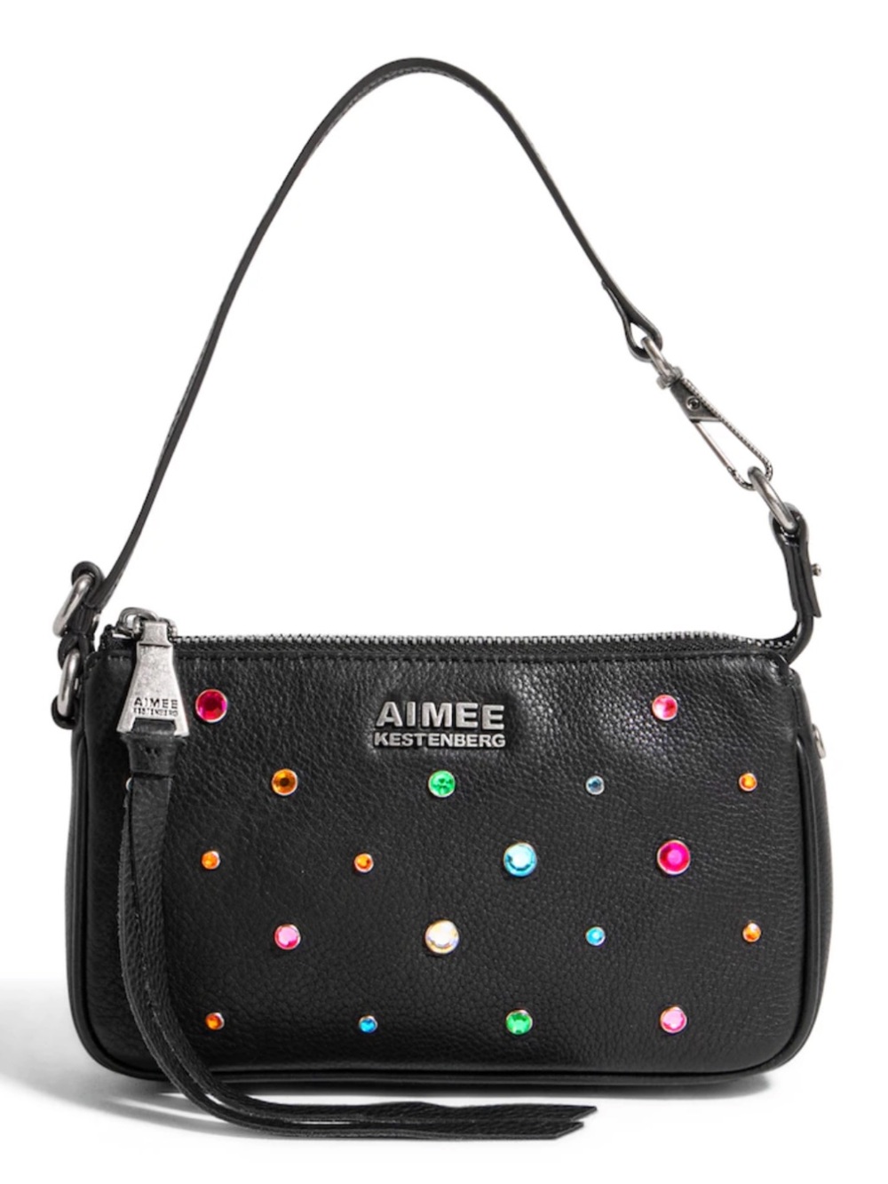 Aimee Kestenberg Black Leather Gem Studded Fiery Pouchette Clutch Wristlet